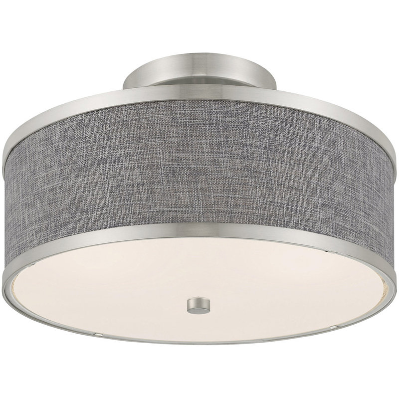 Plafonnier semi-encastré en tissu Enda, Nickel brossé, H 8 po x l 13 po x P 13 po, gris