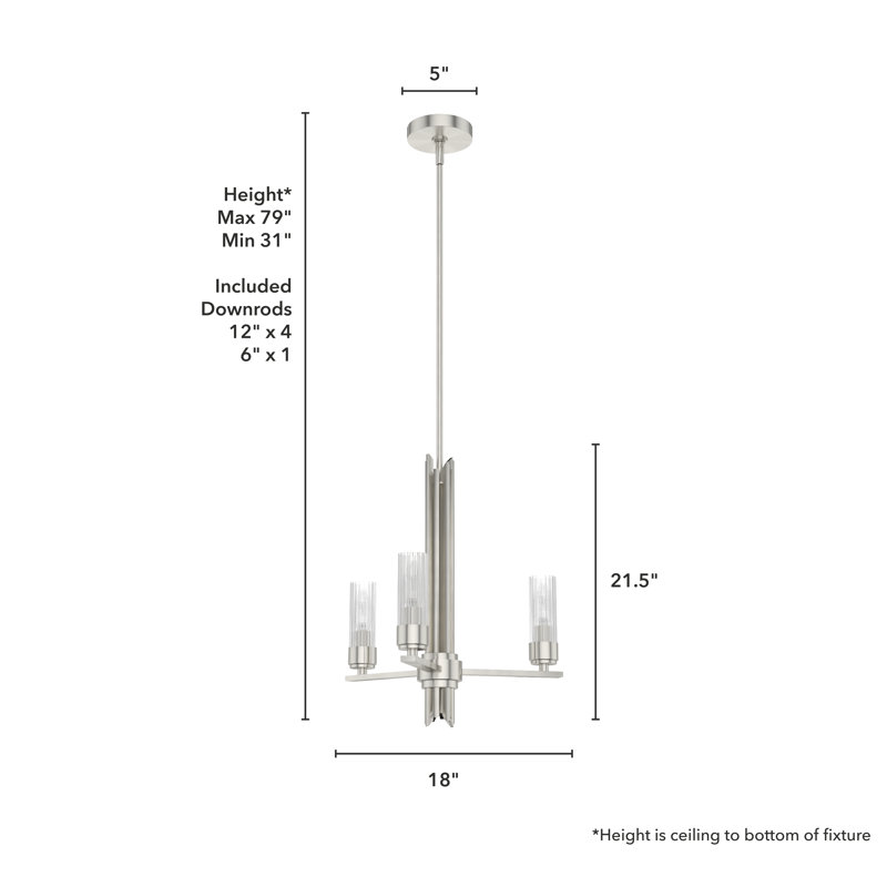 Gatz 3 Light Chandelier Ceiling Light Fixture, Brushed Nickel