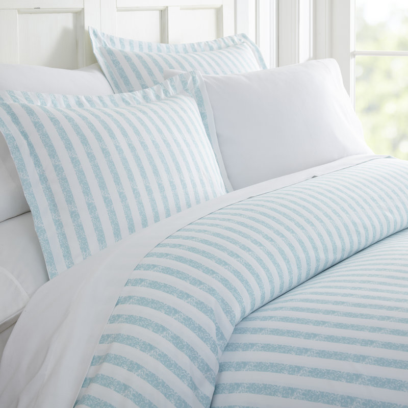 Light Blue Striped Microfiber Queen Duvet Cover Set