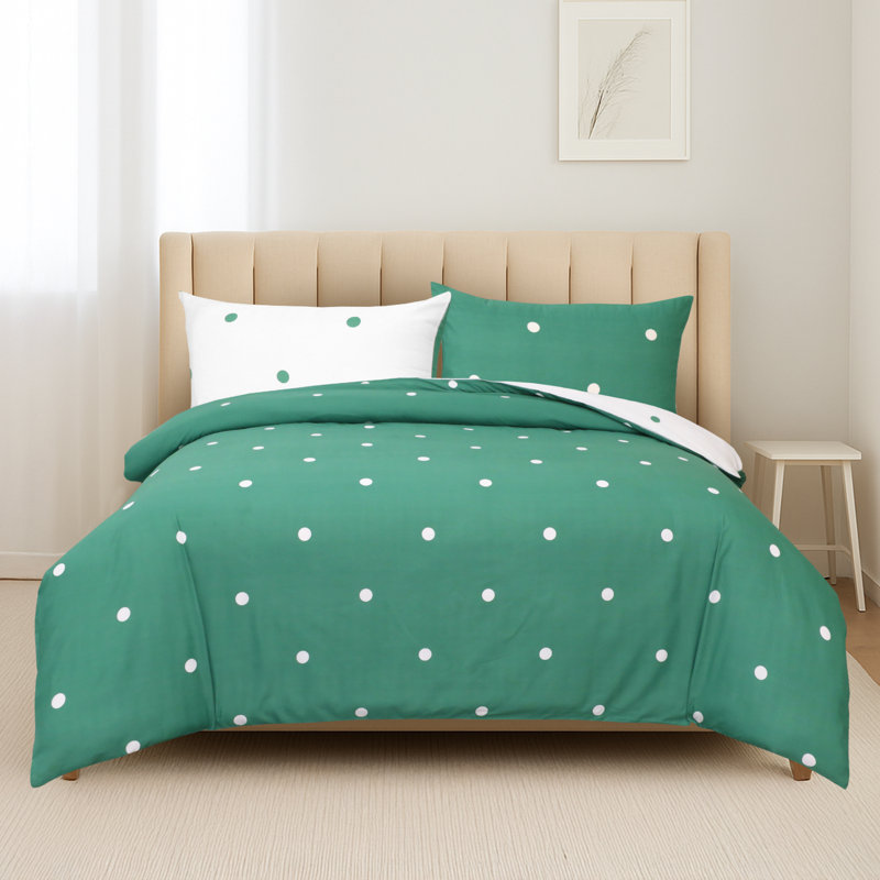 Soft Microfiber Printed Duvet Cover Set with Pillowcases, Green/White Doted, Super King Duvet Cover + 2 Standard Pillowcases