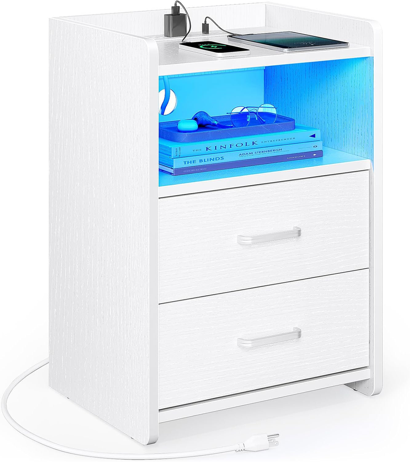 White nightstand deals with charging station