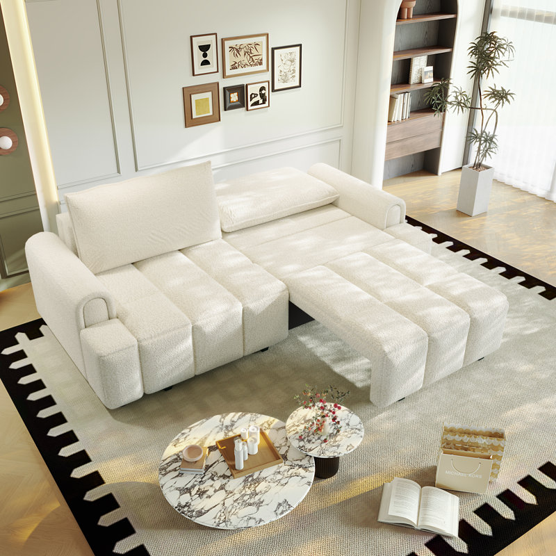 90.2" Teddy Upholstered Sleeper Sofa Bed King-Size Pull-Out Sofa Convertible Couch Bed With Underseat Storage, Beige