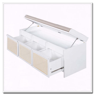 Banc de rangement pour chaussures 48 po, banc de rangement rétro avec tiroirs en rotin et coussin rembourré capitonné