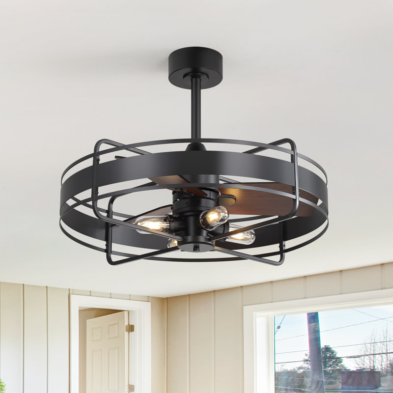 28 Inch Caged Ceiling Fan With Light and Remote, Farmhouse Fan Lights Ceiling Fixtures For Kitchen, Bedroom, Outdoor(6 Speed, Timing)-black