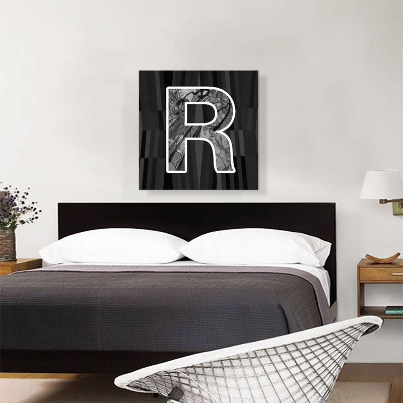 «Modern Modern Black White Alphabet lettre R», reproduction d'art textuel sur toile tendue, H 26 po x l 26 po x P 0,75 po