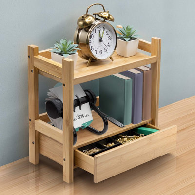 2-Tier Bamboo Countertop Shelf with Hidden Drawer for Vanity, Matcha Shelf, Bathroom Storage Cabinet