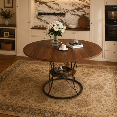43" to 59" Extendable Round Wood Dining Table with Storage Shelf and Metal Base
