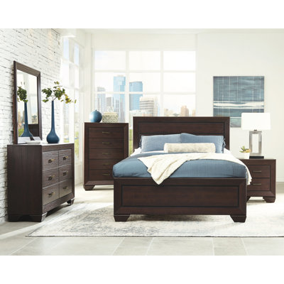 Chambre à coucher 5 pièces de très grand lit, finition foncée, grain de bois de chêne naturel, rainures encastrées, cadre encadré, glissières de tiroir pour meubles uniques, bois d'ingénierie, équilibre