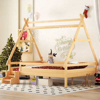 Lit plateforme double avec escalier, lit simple en bois massif