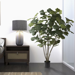 Elements Fiddle Leaf Fig in Ivory Ceramic Pot Farmhouse Faux Greenery  Tabletop Centerpiece Mantel, 20 inch