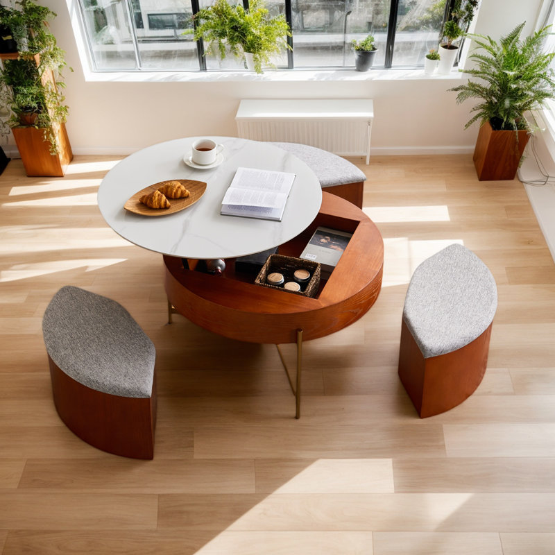 Rhuari 31.5" Multi-Functional Round Lift-Top Coffee Table with Nesting Stools