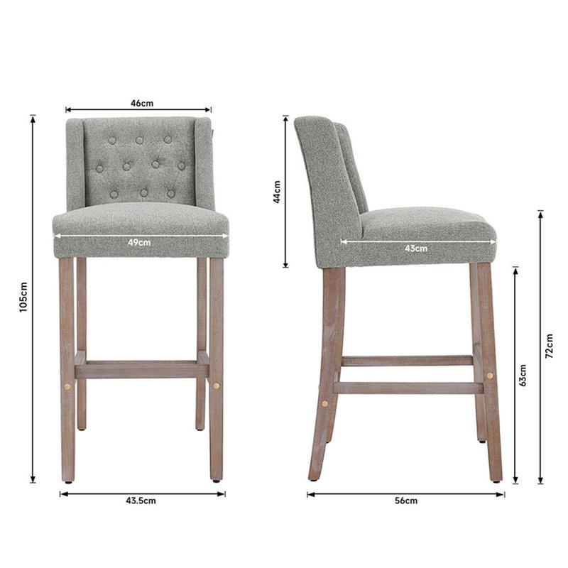 Upholstered 63cm Counter Bar Stools Dining Chairs Set of 2, Grey