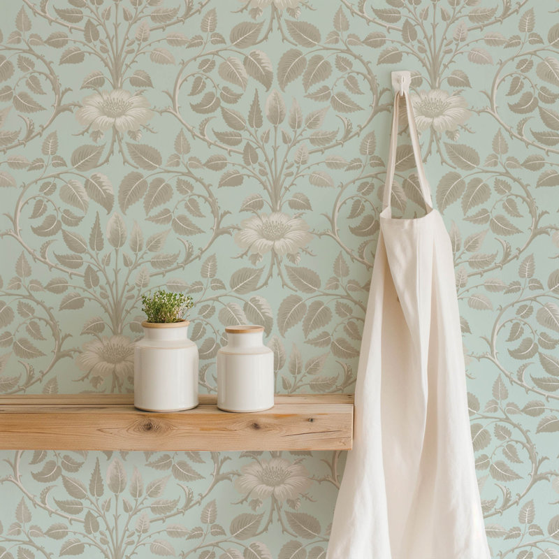 Garden Vine - Botanical Wallpaper, Alabaster Blue, Premium Paper