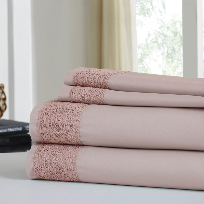  Ensemble de draps en mélange de coton Rich Lace Hem, Drap pour très grand lit + drap-housse + 2 taies , Argenté rosé
