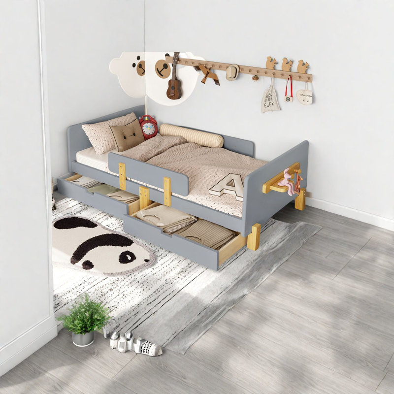Lits simples avec rangement peu encombrants, conception en bois massif, finition grise moderne