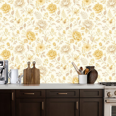 Papier peint auto-adhésif adhésif mural rétro à motif floral beige et doré à motif de peler et coller pour armoires de cuisine de chambre à coucher 24 po x 118 po