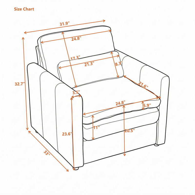 Fauteuil rembourré avec coussin double couche, accoudoirs roulés, coussin lombaire, assise profonde et dossier amovible