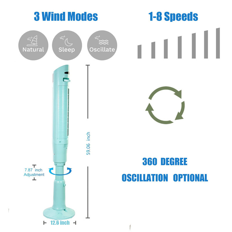 Tower Fan 59” Portable With Oscillation Remote Control, Adjustable height（0-7in）,8 Powerful Wind Speed And 3Modes Setting, Built In 24 H Timer Led Display Compact Standing Fan