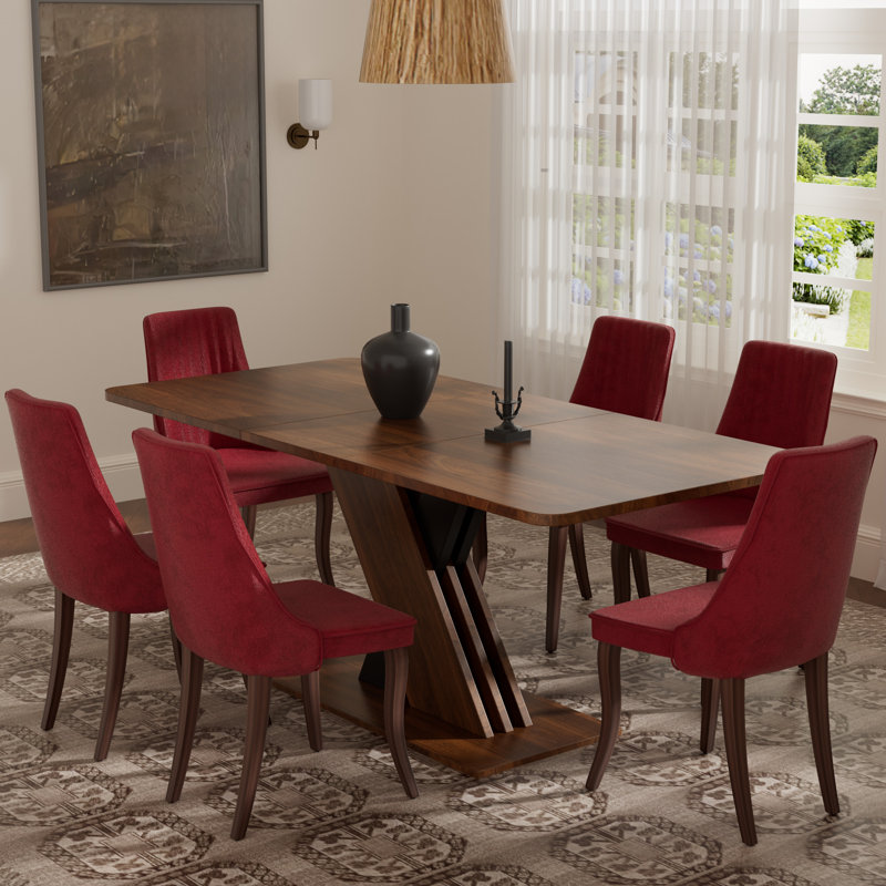 Ensemble de salle à manger rectangulaire à piédestal avec tissu en rayonne, Brun, 5, Rouge vin
