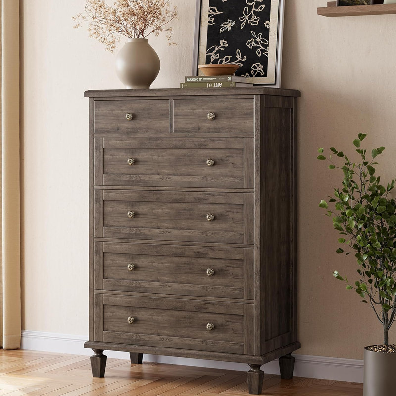Commode classique à 6 tiroirs, grande commode en bois avec pieds fuselés, finition café clair rétro, armoire de rangement robuste pour la chambre à coucher et le salon, gris clair