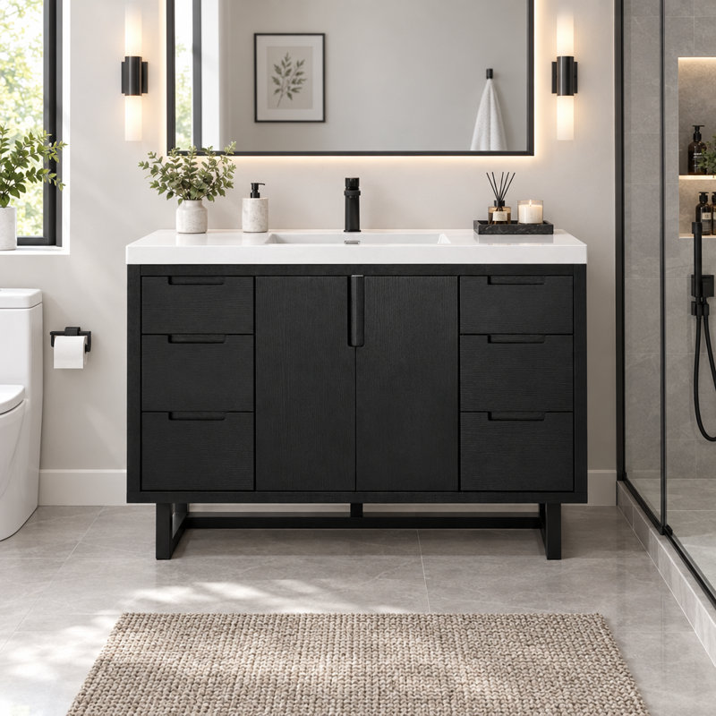 Meuble-lavabo autoportant moderne de 120 cm (47,2 po) avec comptoir en résine SMC, 2 portes d'armoire et 6 tiroirs, glissières de tiroir à fermeture douce dissimulées