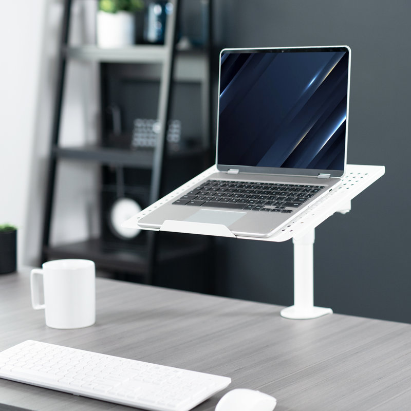 White Adjustable Laptop Desk Mount with C-Clamp and Grommet