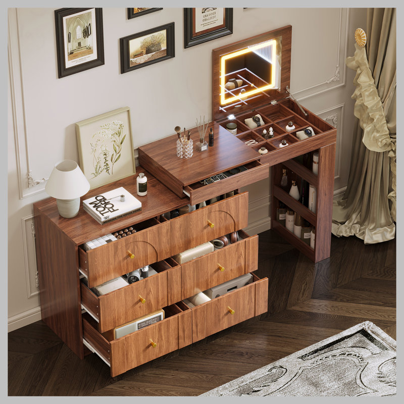 Coiffeuse de maquillage Thorn avec miroir rabattable, lumières DEL et tiroirs, Noyer