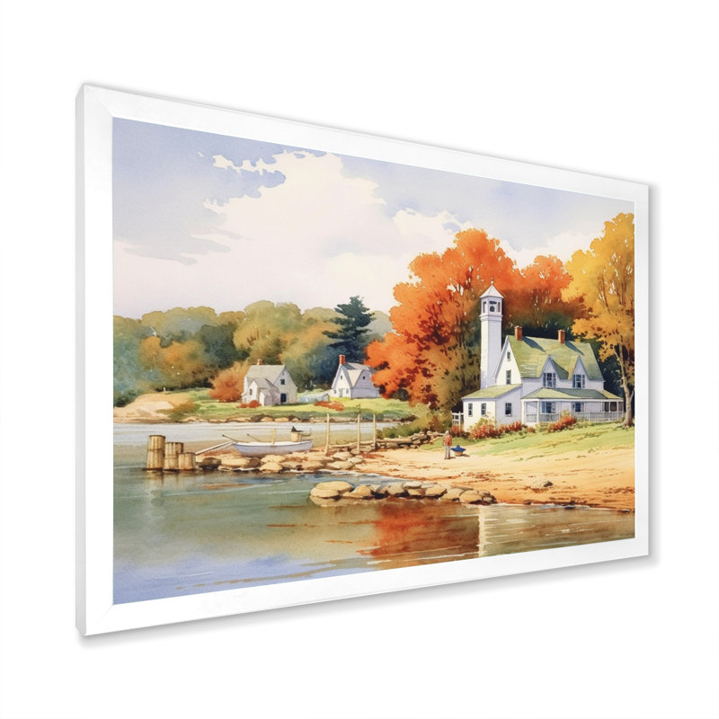 Connecticut's Lake Village Charm II - reproduction sur toile, H 24 po x l 32 po x P 1 po, Cadre photo blanc