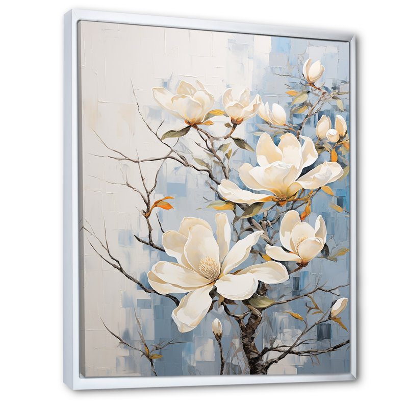 «Blue and White Magnolias Flowers Harmony», reproduction sur toile, Cadre flottant blanc, 20" H x 12" W