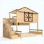 Lit superposé simple au dessus d'une maison double avec portes coulissantes de grange, tablettes de rangement et escalier de rangement, conception de maisonnette, naturel