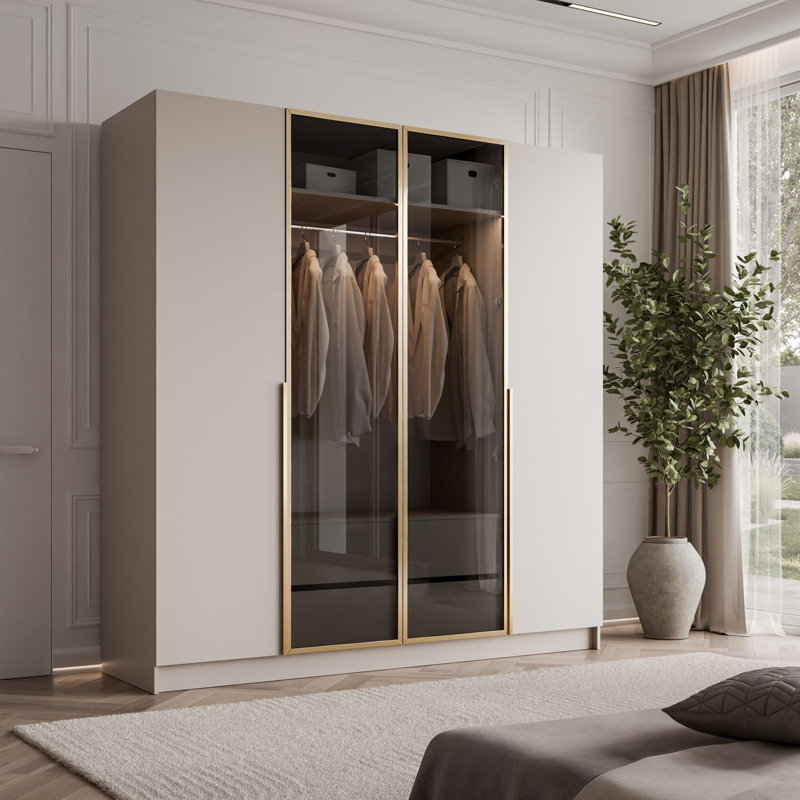 4 Door Glass Wardrobe, cashmere, Gold chrome handles, LED included