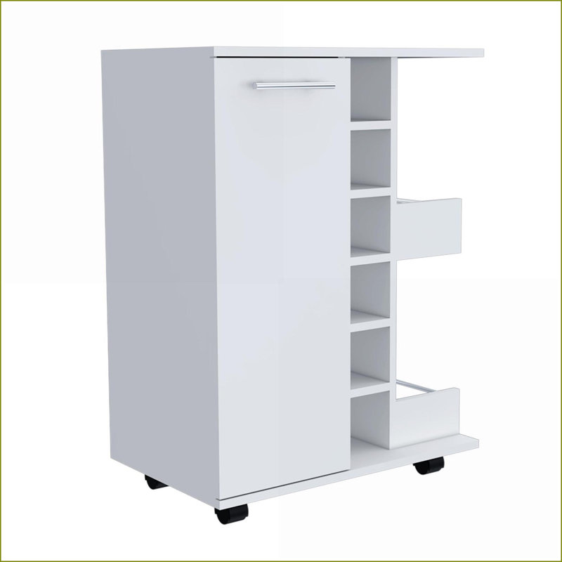 Chariot-bar avec armoire, 6 casiers à bouteilles, 2 tablettes - Blanc neige | Moderne | Panneau de particules