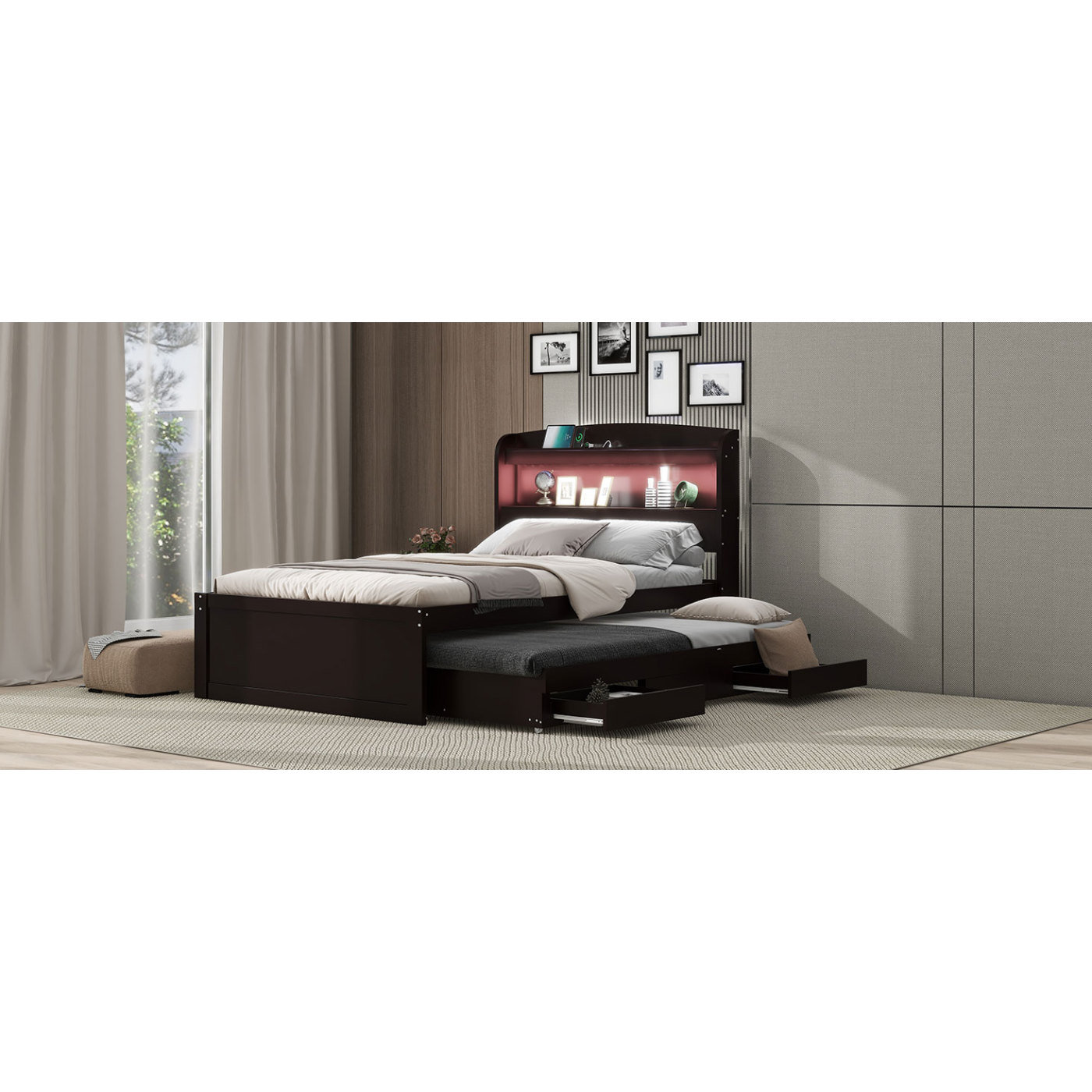Latitude Run® Twin XL Size Platform Bed With Storage LED Headboard ...