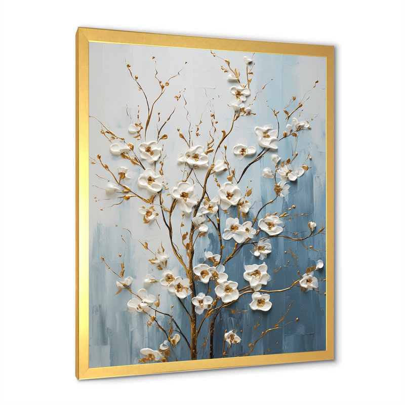 Paix, bleu, cornouiller blanc I, Cadre doré simple, H 32 po x l 24 po x P 1 po