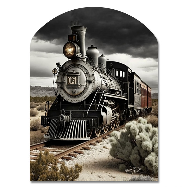 Train sur la voie I - décoration murale en métal de forme irrégulière noire, reproduction d'art asymétrique moderne en métal