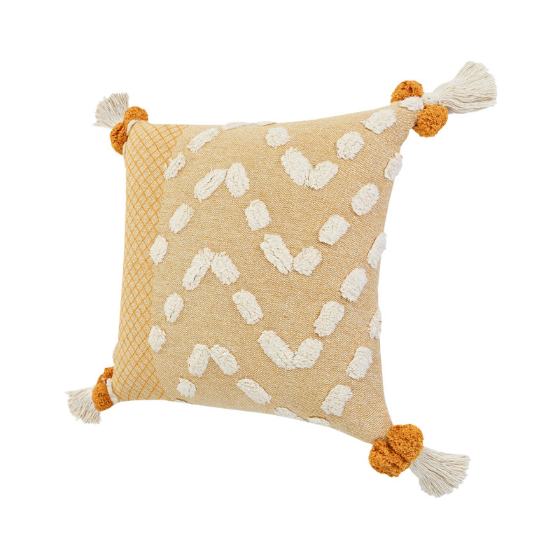 Contemporary Geometric Motif Tasseled Hand-Made 100% Cotton Decorative Throw Pillow Cover, Yellow/Cream, Cotton