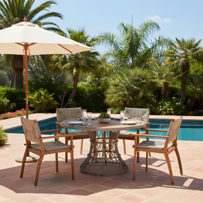 Durable Outdoor Dining Chair With Acacia Wood Frame, Handwoven Wicker Seat, Brown Finish, Patio Garden Furniture, (Compatible With Matching Table)