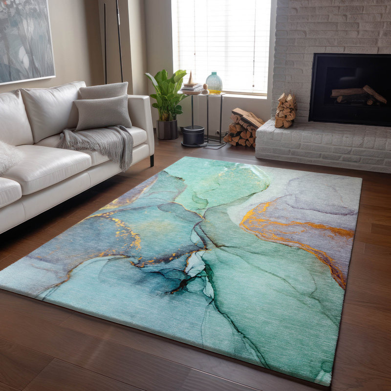 Tapis bleu sarcelle lavable à la machine Premium Cerrito AMF506, Rectangle de 10 pi x 14 pi