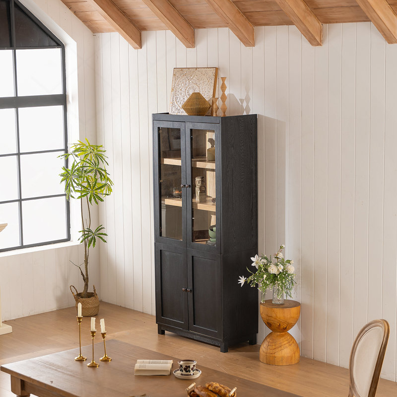 74.5'' Tall Display Cabinet With Glass Doors, Modern Style China Cabinet, Curio Cabinet For Collectibles Figures Trophies, For Hallways Living Room, Kitchen, Home, Studio Or Workspace - Black