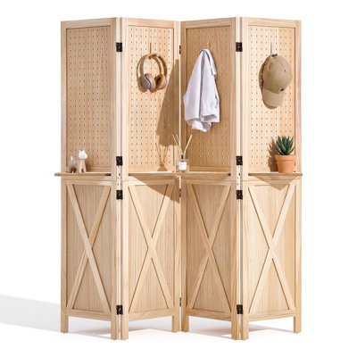Wood Room Divider Pegboard Wood Folding Privacy Screen with Shelves, 4 Panels, 360° Two-Way Hinges, Solid Frame with X Pattern, Wooden Partition with Hardware