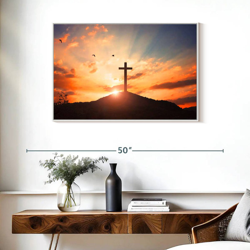 Coucher de soleil en croix, Cadre flottant blanc, 37 po x 25 po