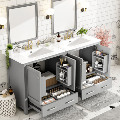 Meuble-lavabo double 60" gris, lavabos en céramique et rangement – ​​Un choix contemporain