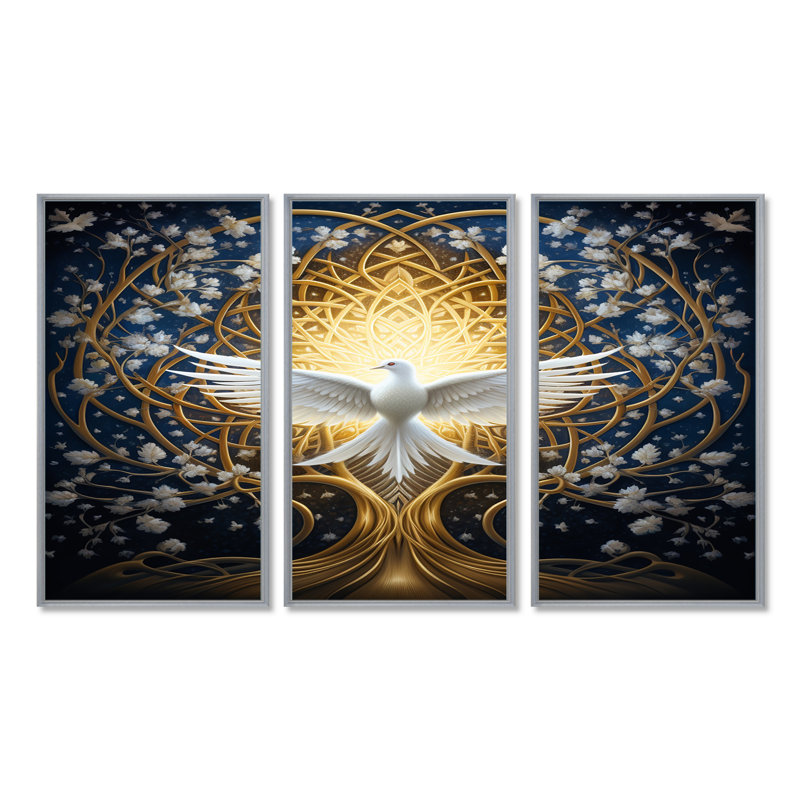 «Celestial Dove Bringing Peace» - ensemble d'art mural colombe, Encadrement argenté, H 40 po x l 60 po x P 1 po