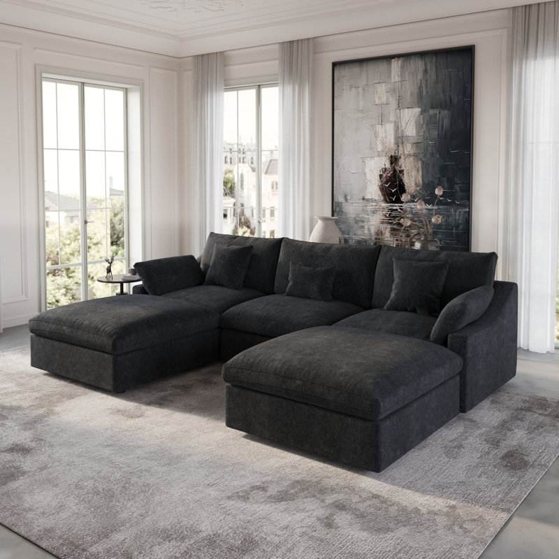 Kyna Upholstered 5-piece Linen Slipcovered Sectional(3 Seat), Black Linen