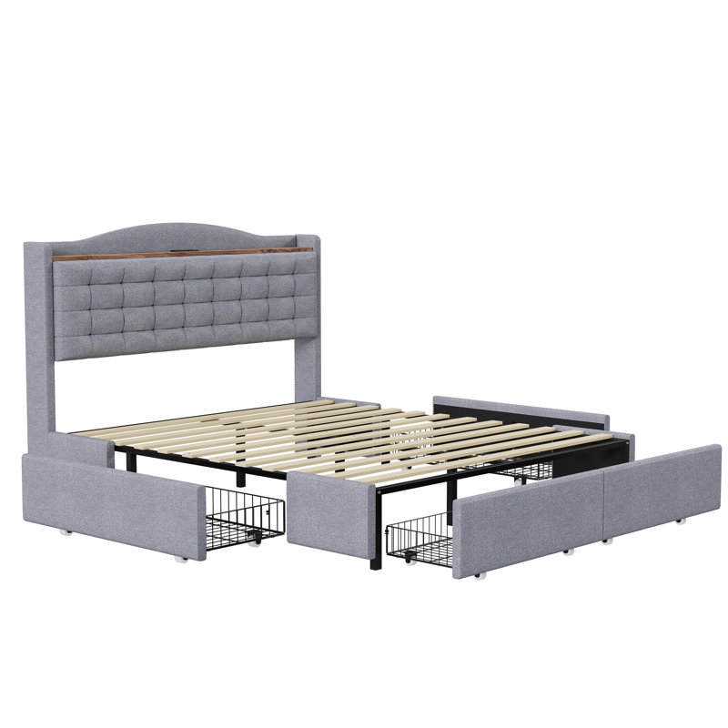 Baun Upholstered Storage Bed, European Kingsize (160 x 200cm), Blue / White / Grey