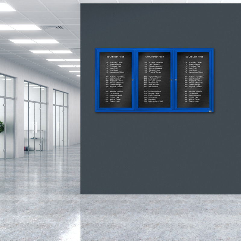 Tableau d'affichage mural fermé pour armoire d'annuaire, Bleu thermolaqué, Trois, H 36 po x l 72 po