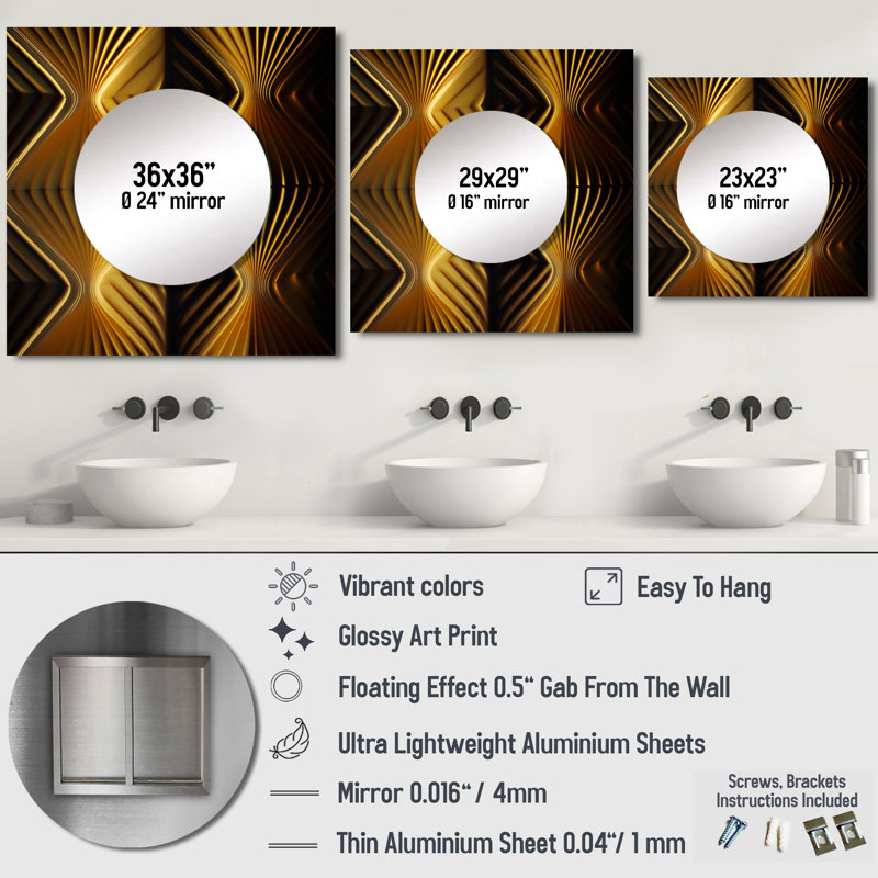 Op-Art Retro Gold Geometric Dimensions I - Abstract Spirals Square Mirror Wall Art For Bathroom, 23" x 23"