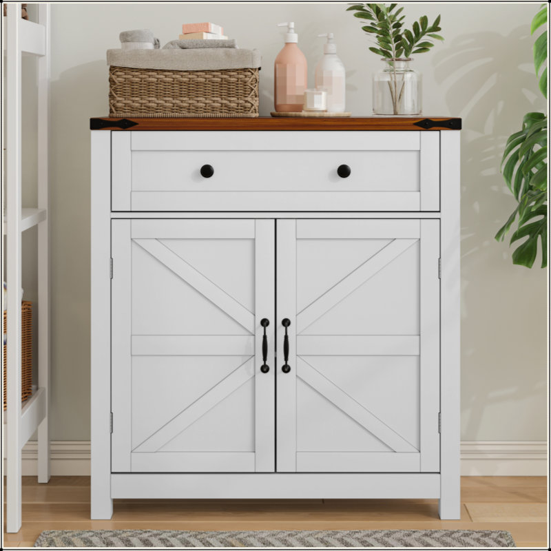Armoire de rangement Farmhouse avec tiroir et tablette réglable, armoire de cuisine blanche avec comptoir en noyer, armoire à café moderne pour la cuisine, la salle à manger, la salle de bain, le vestibule