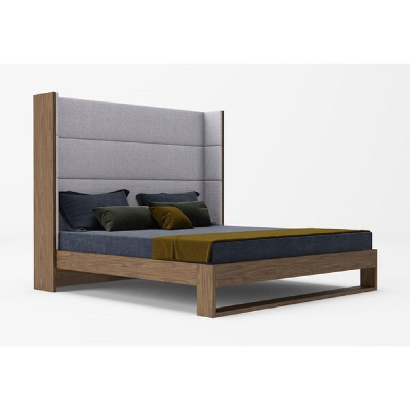 King Walnut Wood Frame Upholstered Wingback Bed with Tufted Headboard