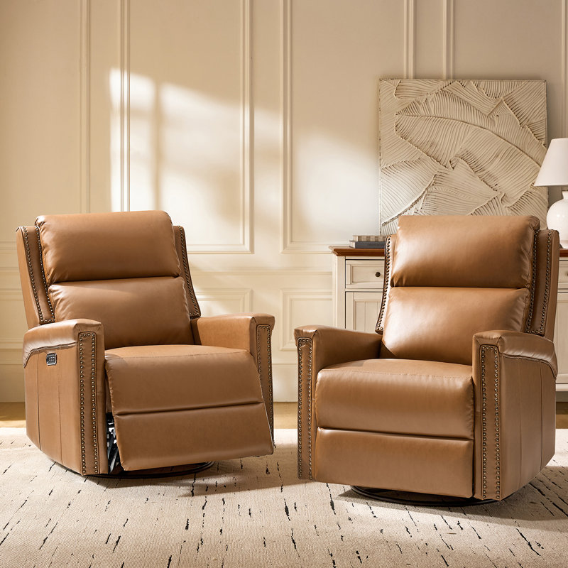 Medlin 31''W Transitional Faux Leather Dual Motor Swivel Rocker Recliner with USB Ports (Set of 2), Brown